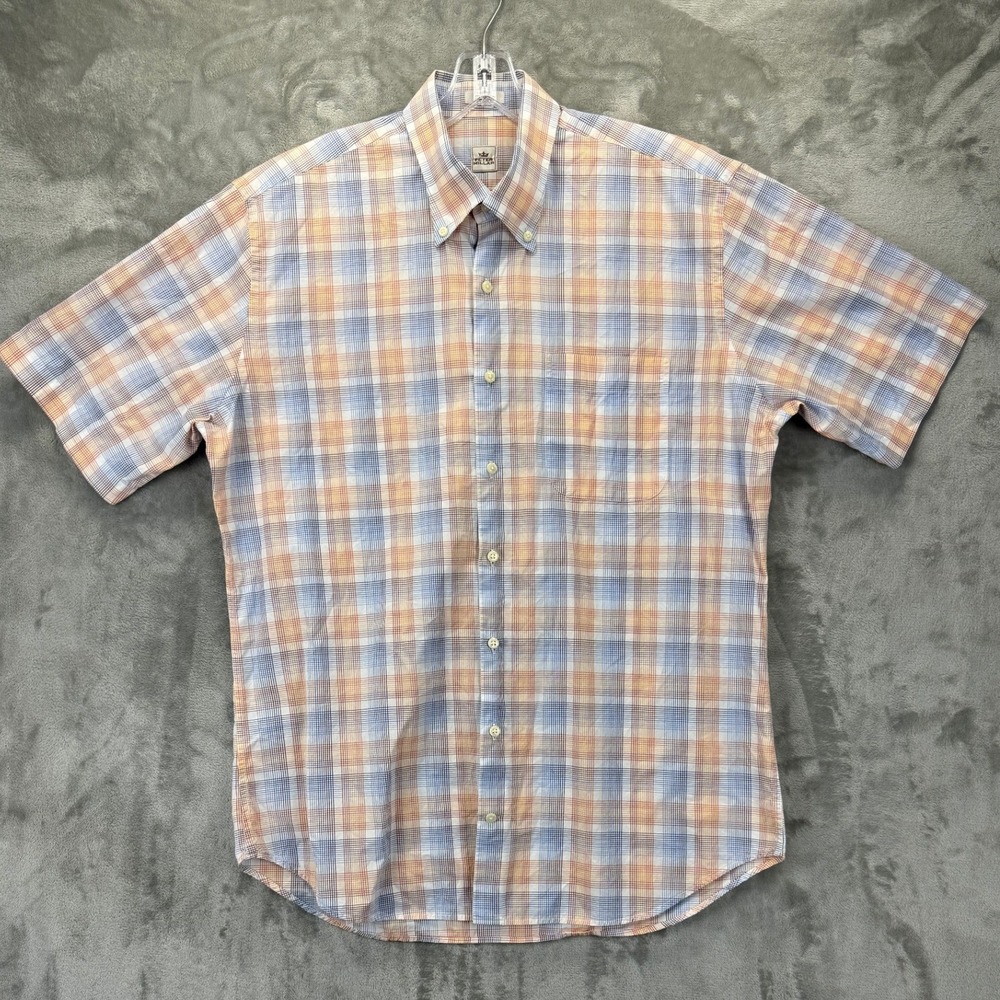 Peter Millar Mens Large Blue Orange Plaid Short Sleeve Button Down Cotton Shirt